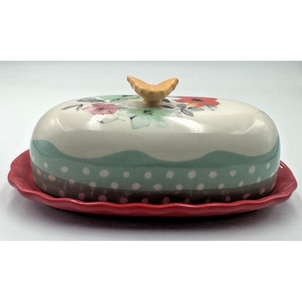 The Pioneer Woman ceramic butter dish with butterfly lid red base